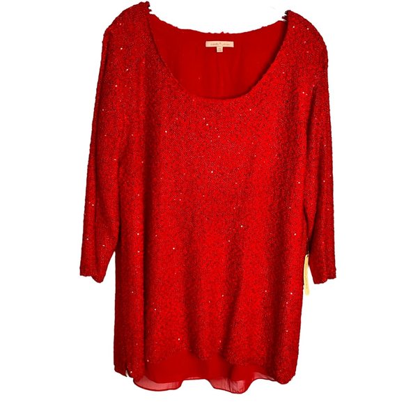 Gibson Latimer Womens Red Sequined Sweater with Chiffon Underlining Size 3X - Picture 1 of 12
